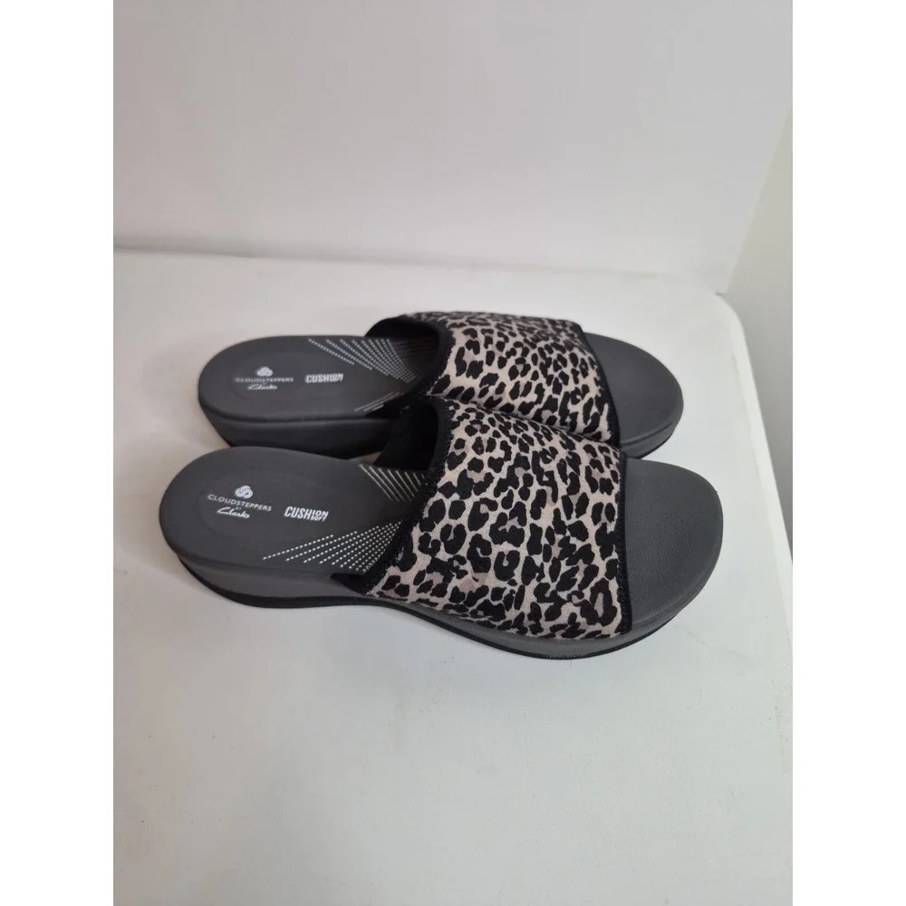 Cloudsteppers by Clarks Sandals Womens 8 M Slide Leopard Print Wedge Black Gray‎